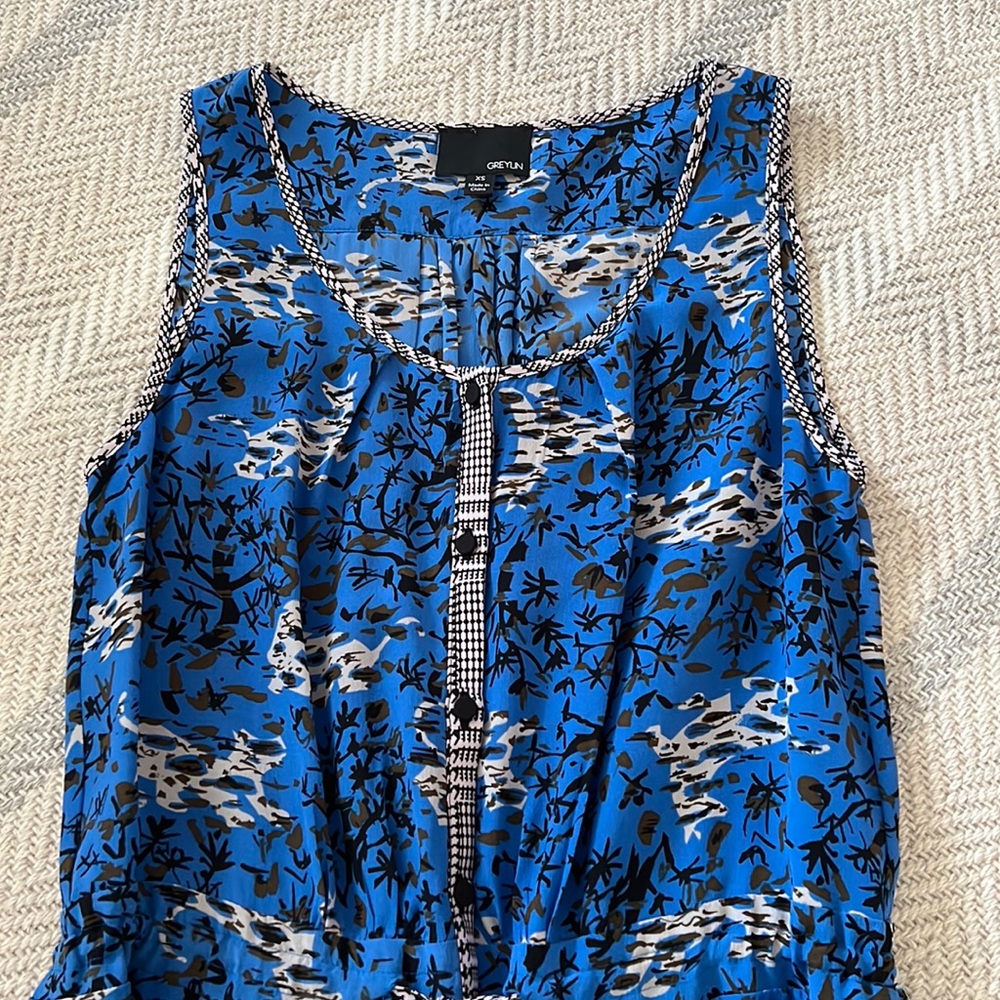 Greylin Blue Print Silk Drawstring Shirt Dress with Pockets in Size XS